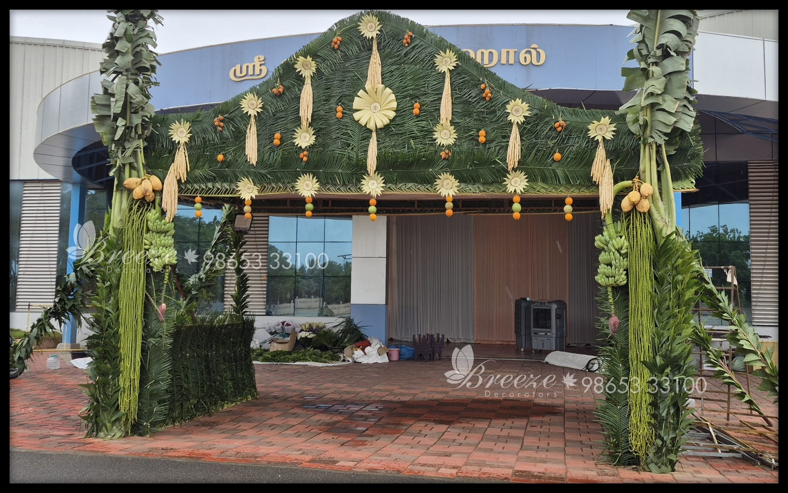 Traditional Kurutholai coconut leaf weaving and banana tree pandhal arch in Coimbatore marriage event management price list